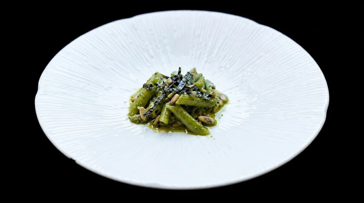 Ong choi penne, pesto, nori.