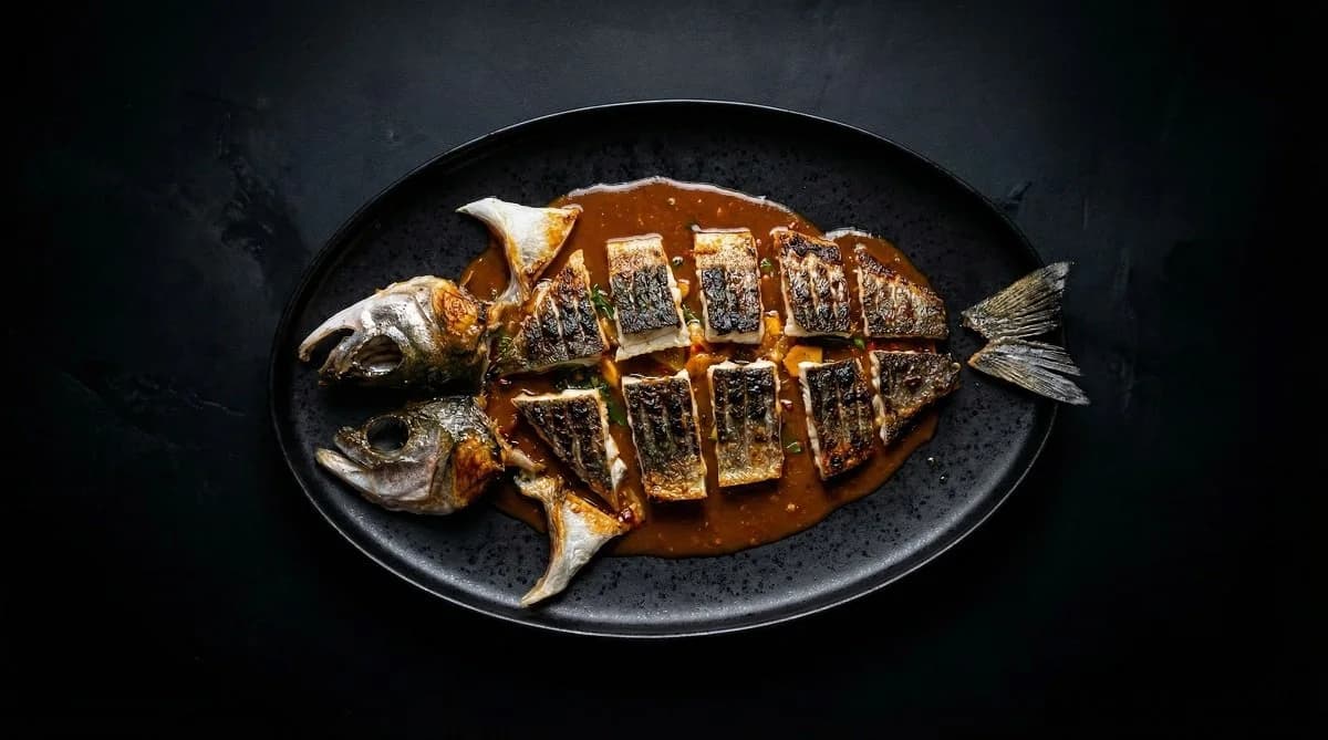 Doubanjiang sea bass on the grill.