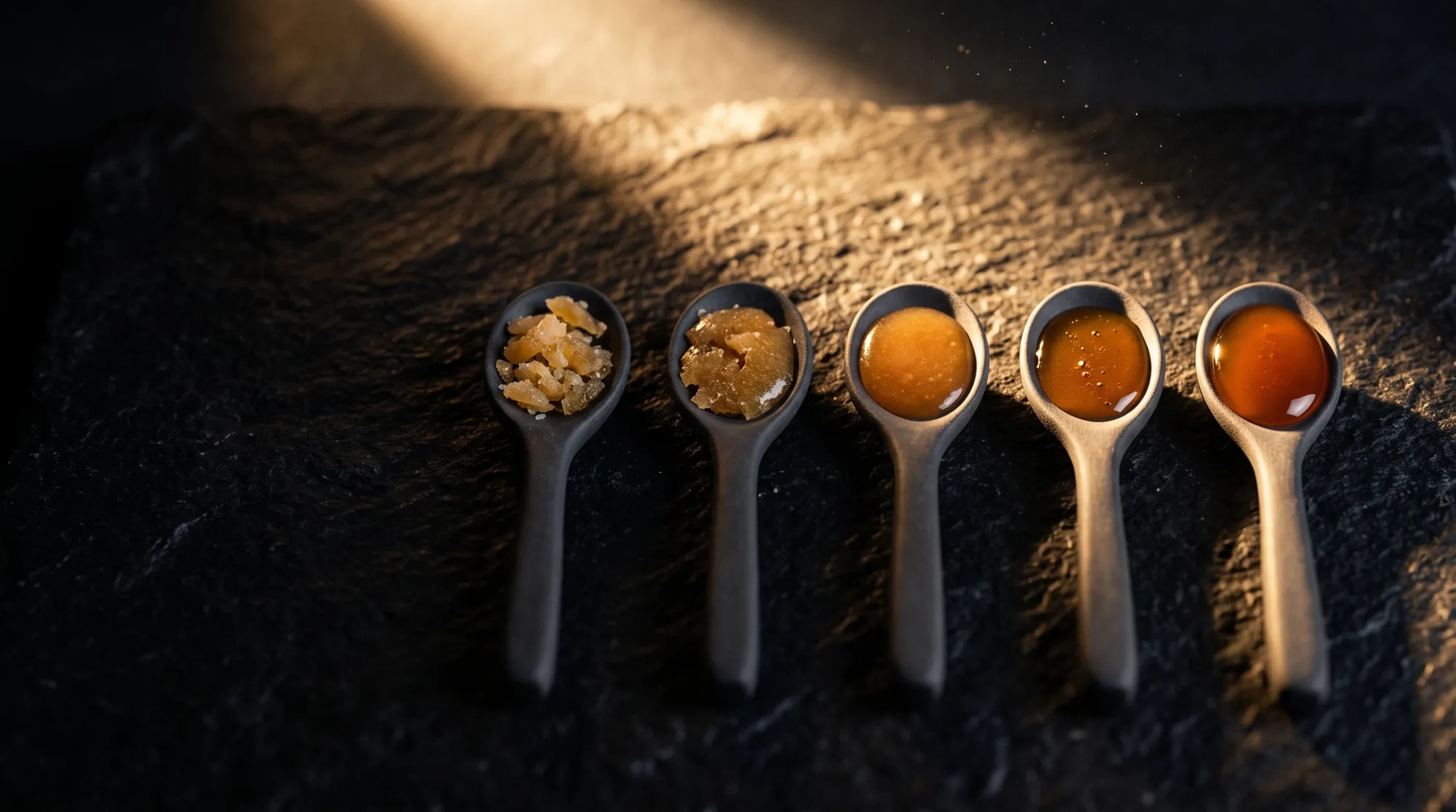 Five stoneware tasting spoons on black basalt, the same reduction refined from rough first version to finished gloss.